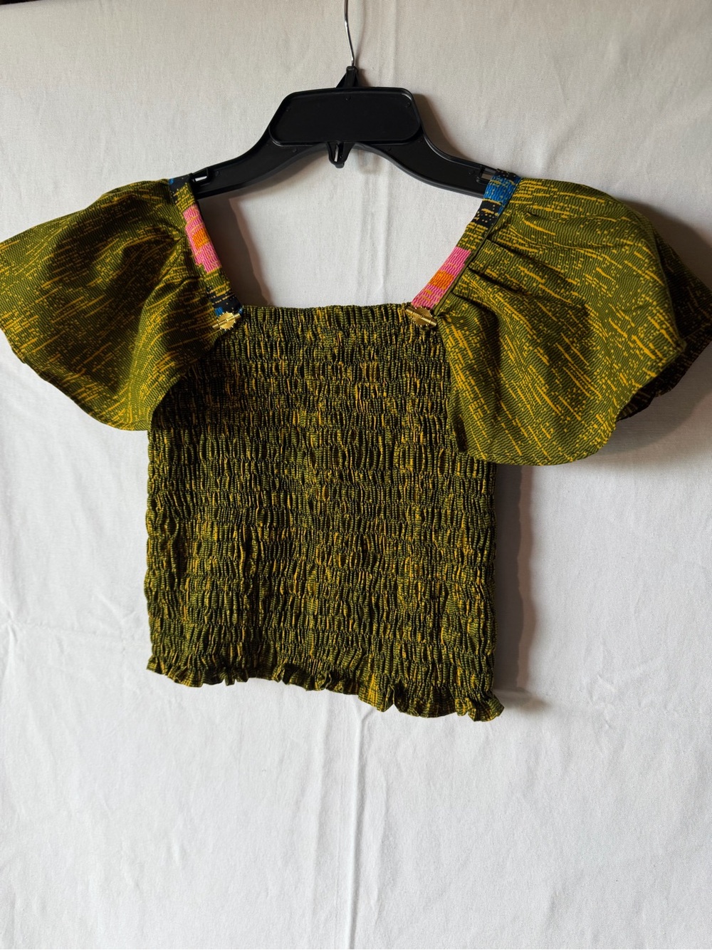 Smocked Olive Green Puff-Sleeve Crop Top with Multicolor Straps